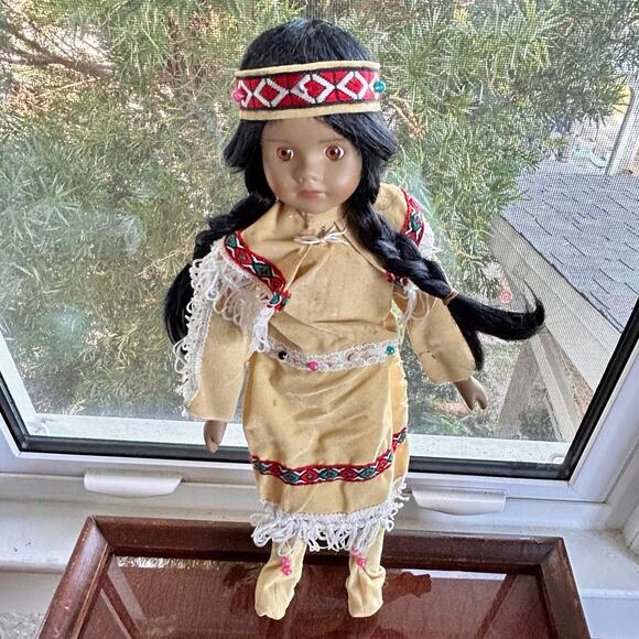 Vintage Porcelain Native American-Inspired Doll with Braids and Beaded Outfit - Picture 9 of 12